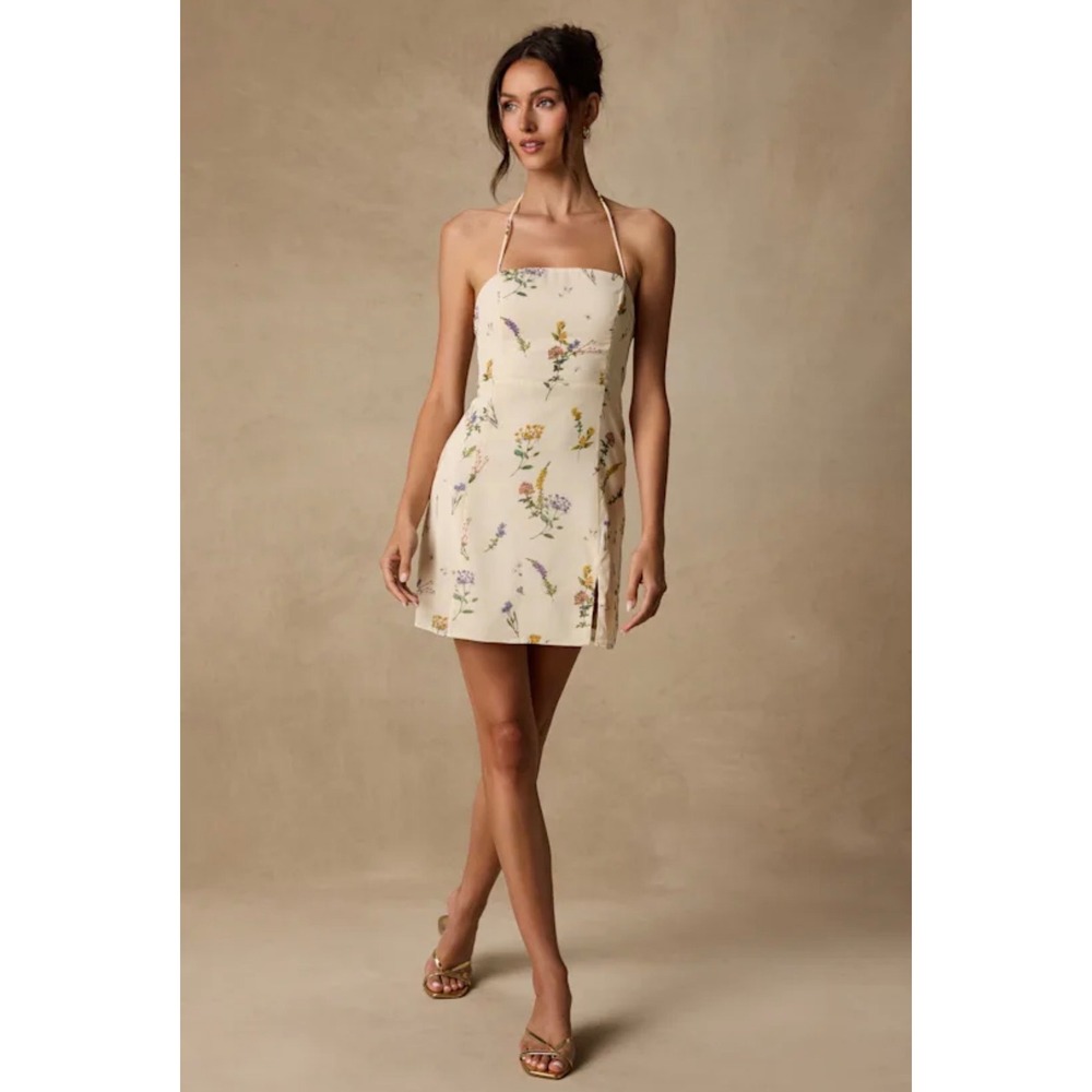 Lulus "Catch the Bouquet" cream floral print halter mini dress lace-up back XS